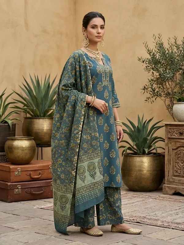 Teal_Green_Floral_Printed_Straight_Kurta_Set_For_Women