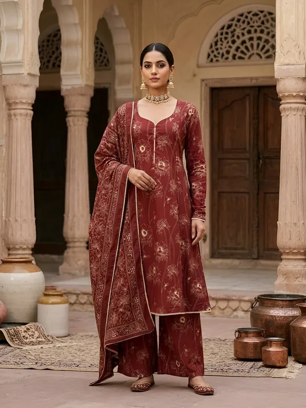 Maroon_Floral_Printed_Cotton_Kurta_Set