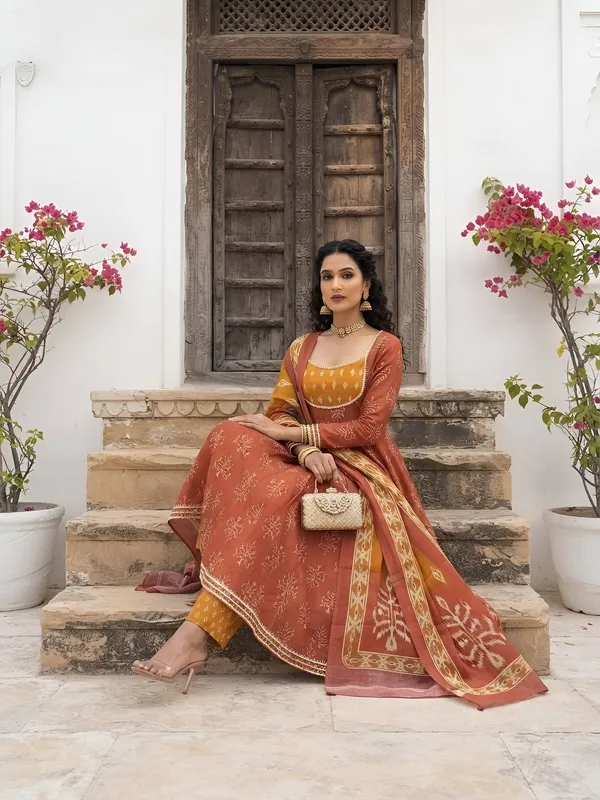 Rust_Floral_Printed_Cotton_Kurta_Set