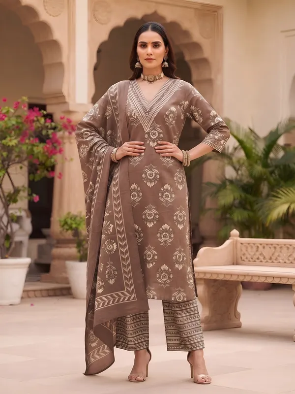 Brown_Floral_Printed_Cotton_Kurta_Set