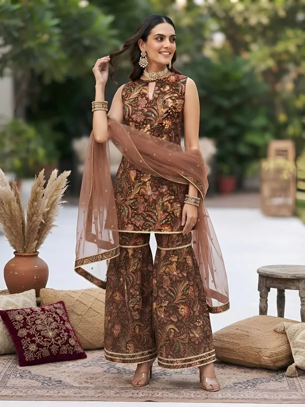 Brown_Floral_Printed_Cotton_Kurta_Set