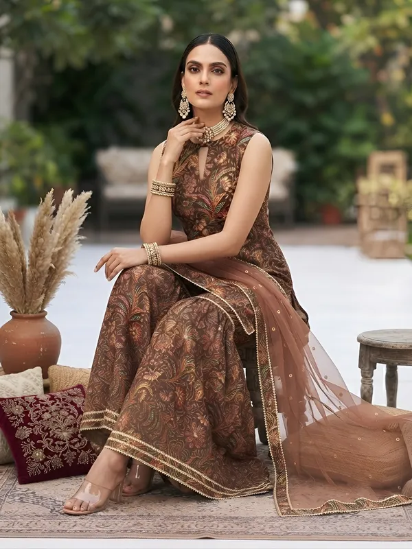 Brown_Floral_Printed_Cotton_Kurta_Set