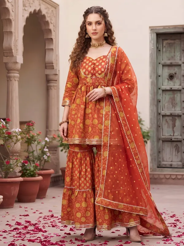 Rust_Floral_Printed_Cotton_Kurta_Set