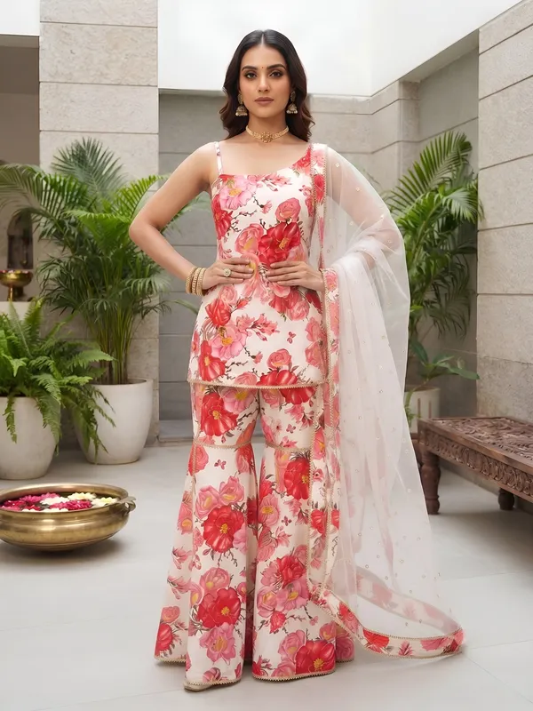 White_Floral_Printed_Viscose_Rayon_Kurta_Set
