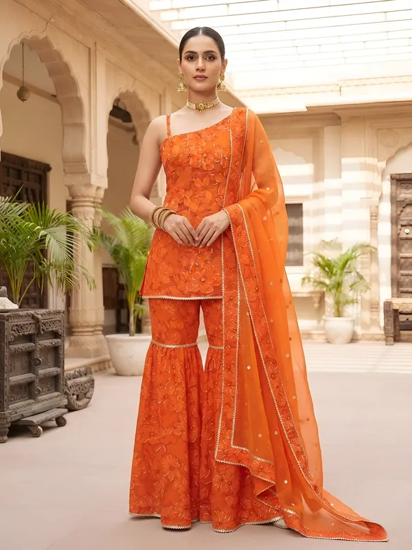 Orange_Floral_Printed_Viscose_Rayon_Kurta_Set