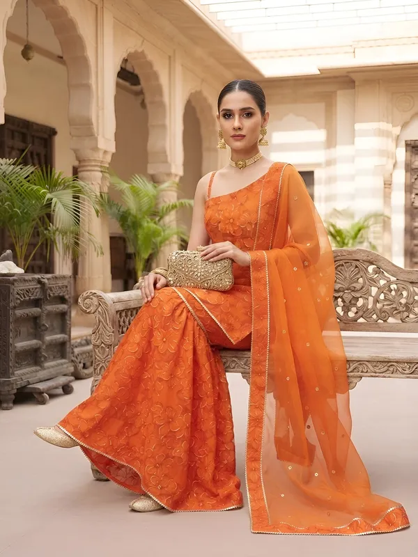 Orange_Floral_Printed_Viscose_Rayon_Kurta_Set