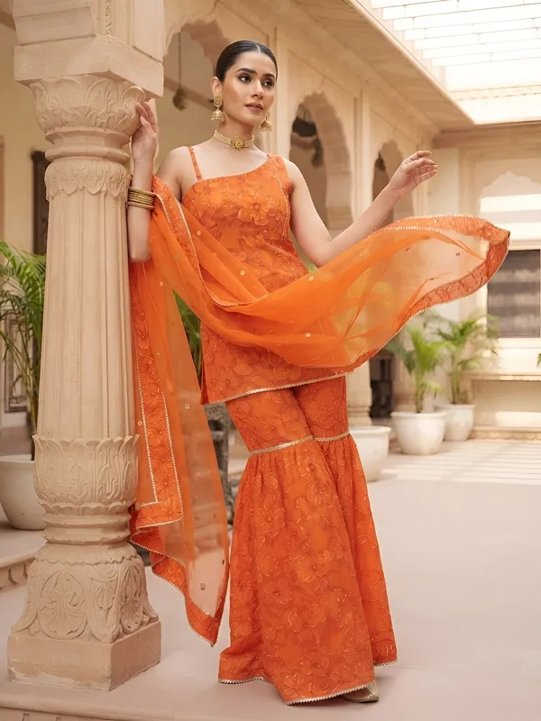 Orange_Floral_Printed_Viscose_Rayon_Kurta_Set