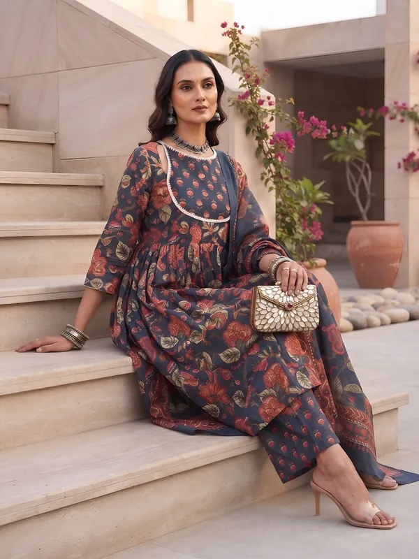 Blue_Floral_Printed_Cotton_Kurta_Set