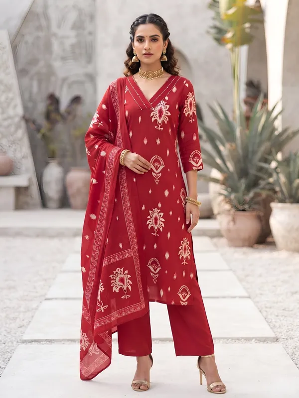 Red_Floral_Printed_Cotton_Kurta_Set