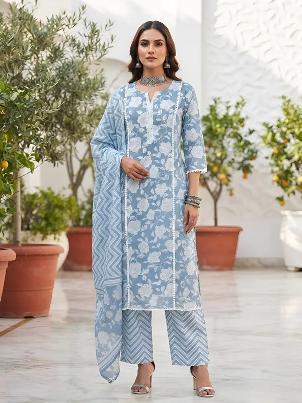 Blue_Floral_Printed_Cotton_Kurta_Set