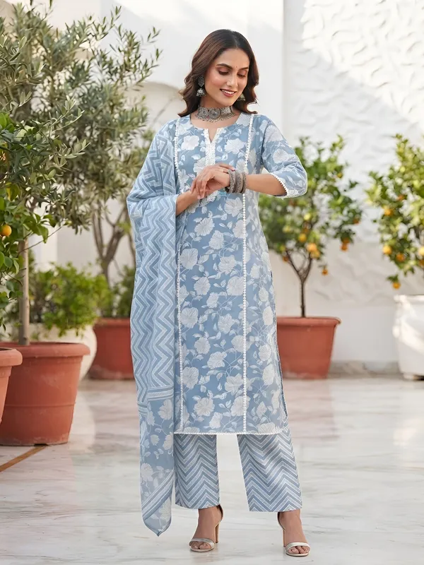 Blue_Floral_Printed_Cotton_Kurta_Set