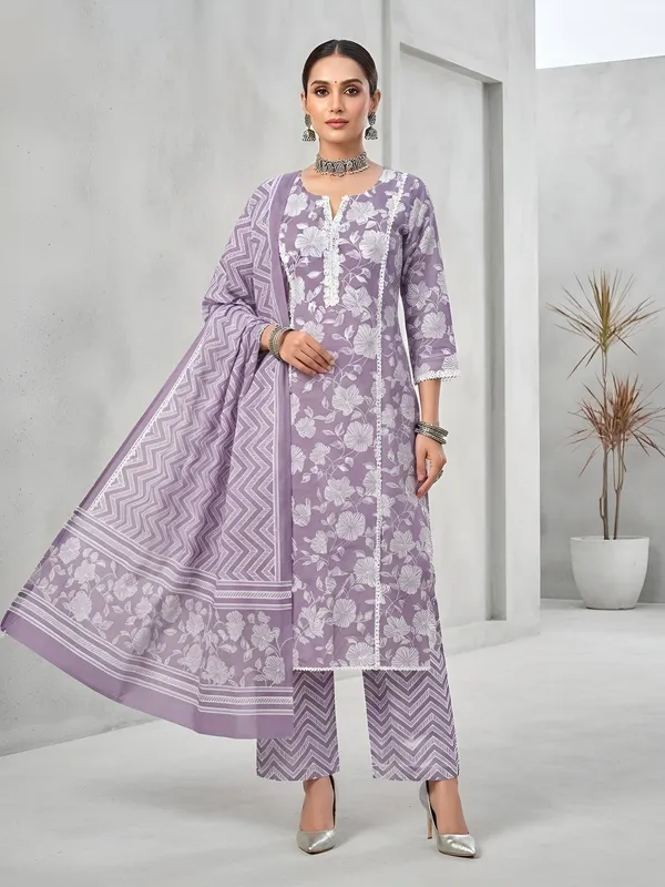 Lavender_Floral_Printed_Cotton_Kurta_Set