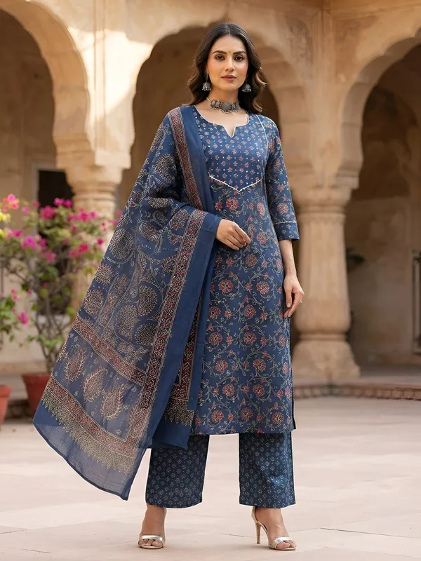 Blue_Floral_Printed_Cotton_Kurta_Set