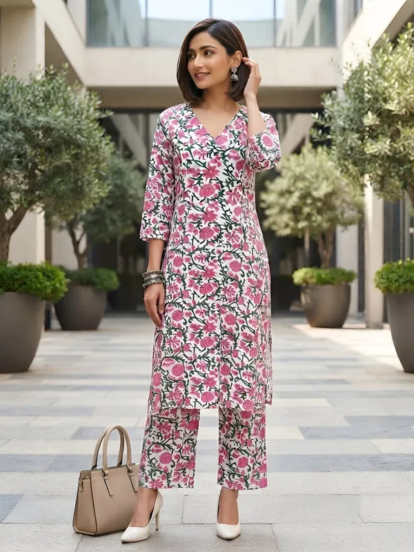 White_&_Pink_Printed_Straight_Co-Ords_Set_for_Women