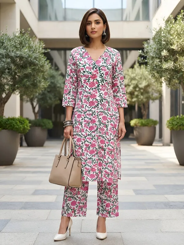 White_&_Pink_Printed_Straight_Co-Ords_Set_for_Women