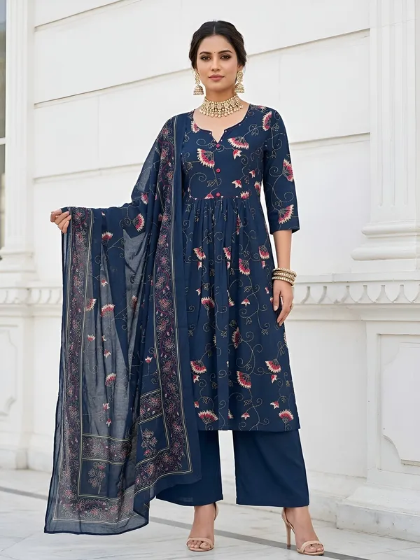 Blue_Floral_Printed_Cotton_Kurta_Set