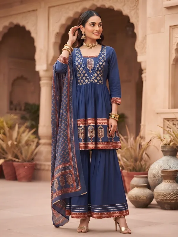 Blue_Floral_Printed_Cotton_Kurta_Set