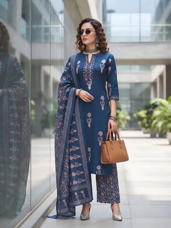 Navy_Blue_Floral_Printed_Cotton_Kurta_Set