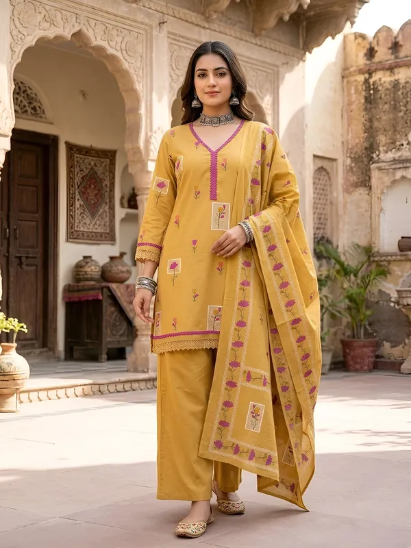 Mustard_Floral_Printed_Cotton_Kurta_Set
