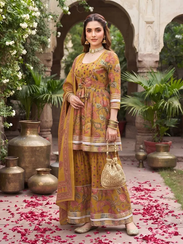 Mustard_Floral_Printed_Cotton_Kurta_Set