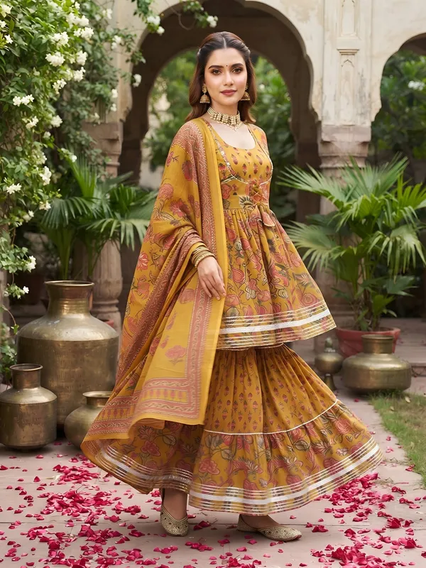 Mustard_Floral_Printed_Cotton_Kurta_Set