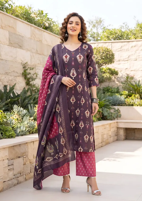 Burgundy_Floral_Printed_Cotton_Kurta_Set