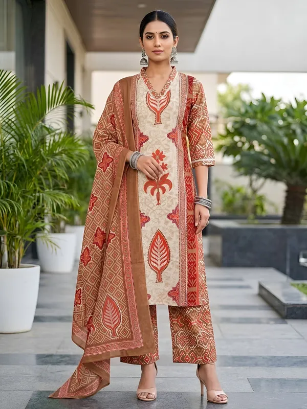 Rust_Floral_Printed_Cotton_Kurta_Set