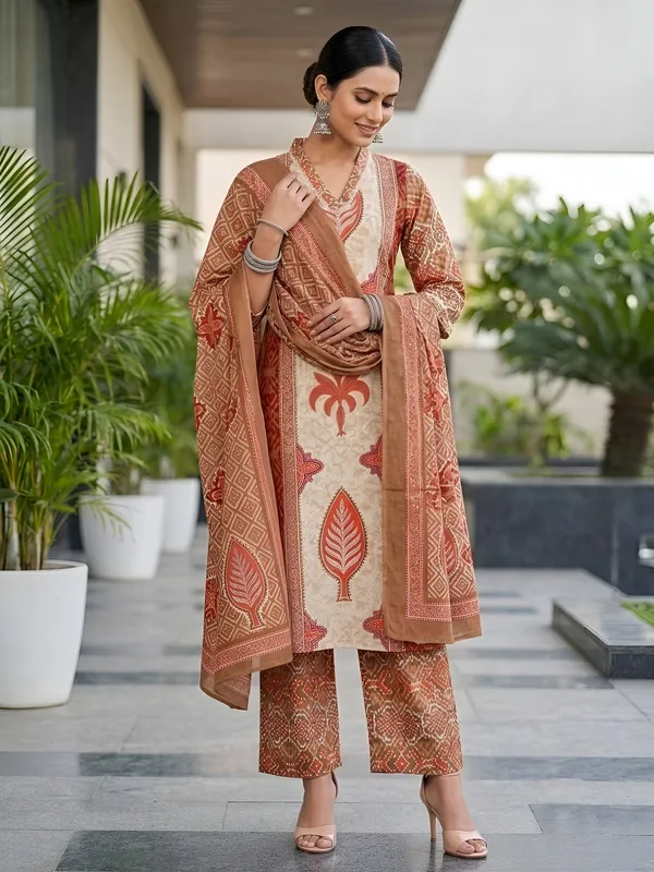 Rust_Floral_Printed_Cotton_Kurta_Set