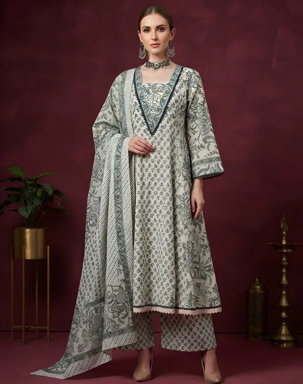 White_Floral_Printed_Cotton_Kurta_Set
