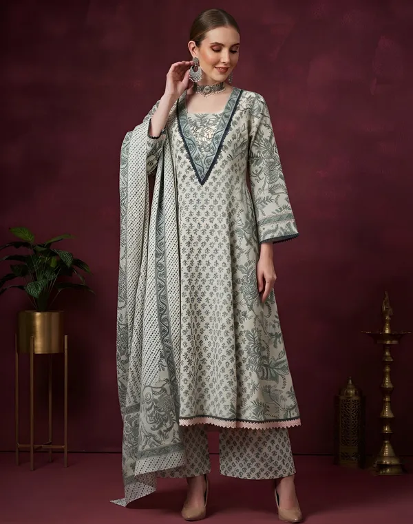 White_Floral_Printed_Cotton_Kurta_Set
