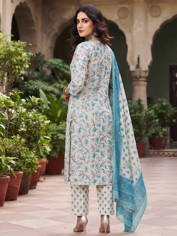 Turquoise_Floral_Printed_Cotton_Kurta_Set