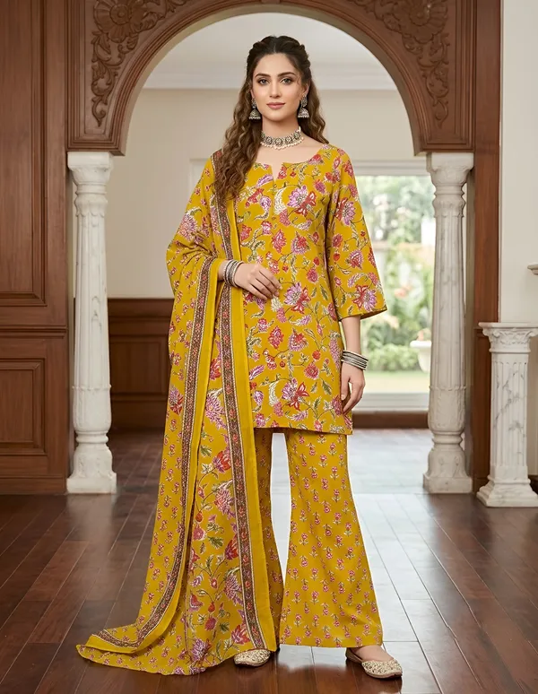 Yellow_Floral_Printed_Cotton_Kurta_Set