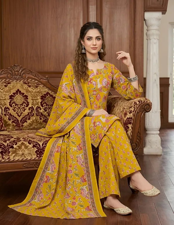 Yellow_Floral_Printed_Cotton_Kurta_Set
