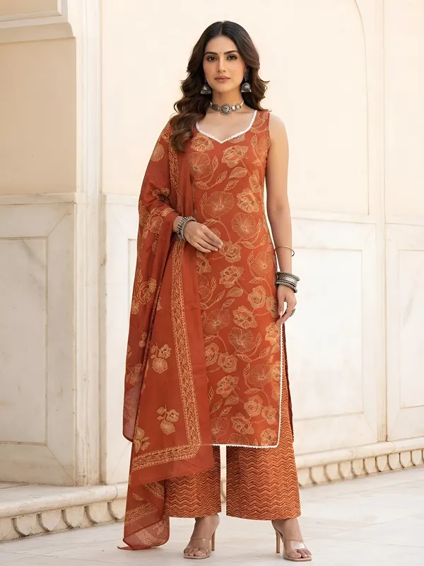 Rust_Floral_Printed_Cotton_Kurta_Set