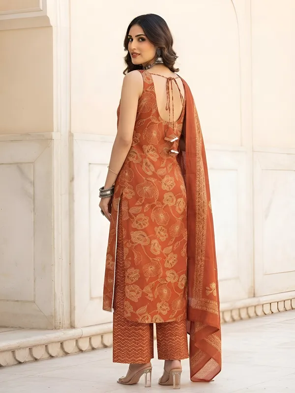 Rust_Floral_Printed_Cotton_Kurta_Set