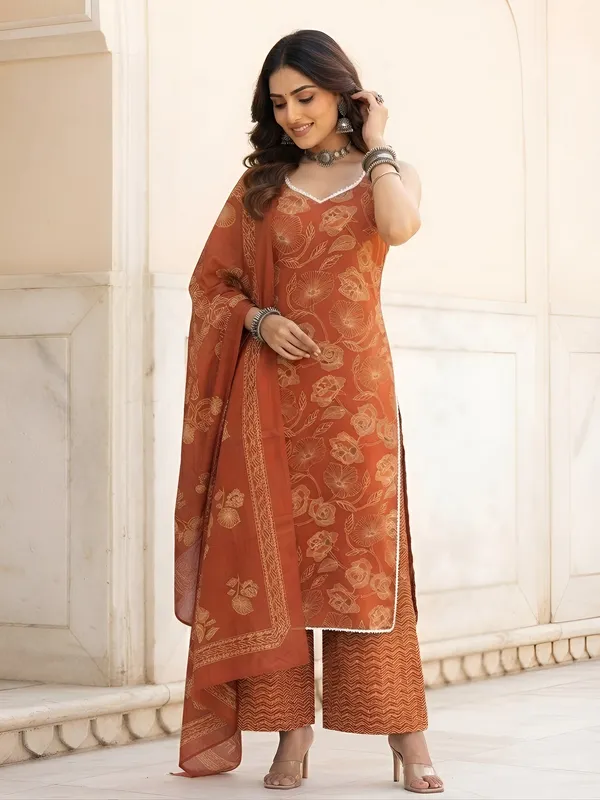 Rust_Floral_Printed_Cotton_Kurta_Set