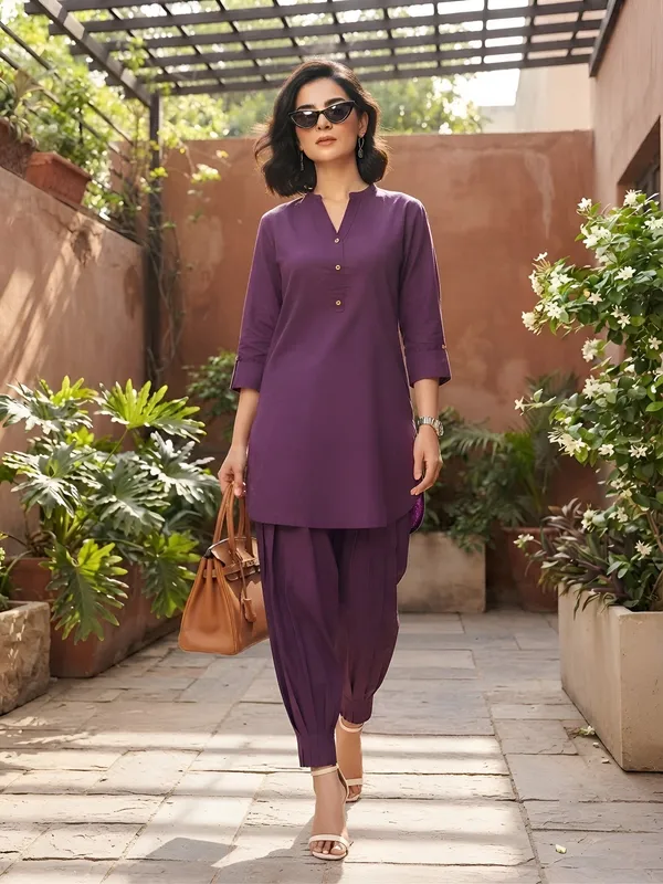Purple_Plain_Cotton_Kurta_Set