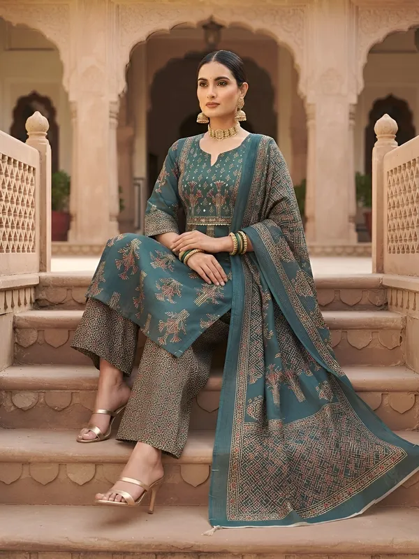 Teal_Floral_Printed_Cotton_Kurta_Set