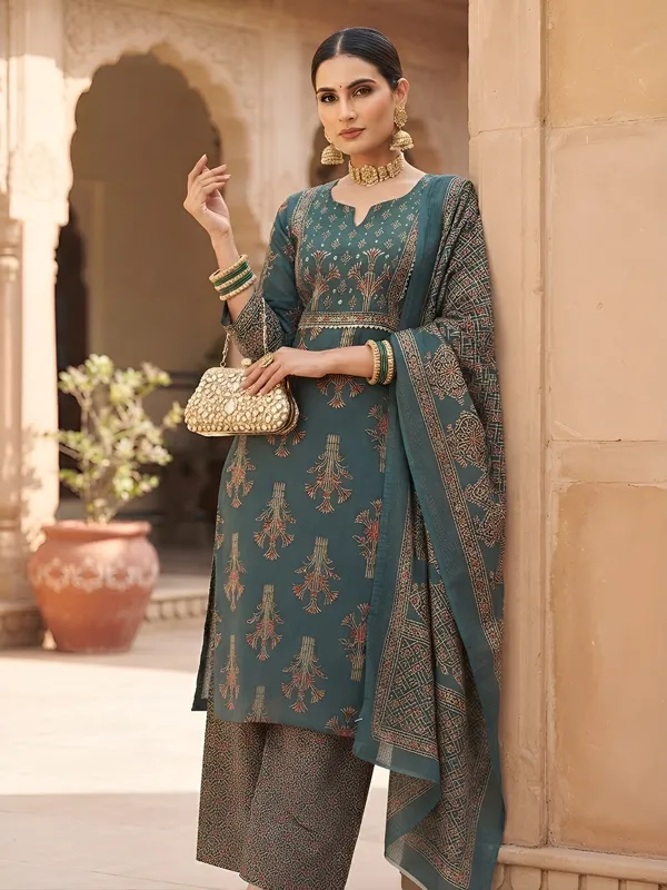 Teal_Floral_Printed_Cotton_Kurta_Set