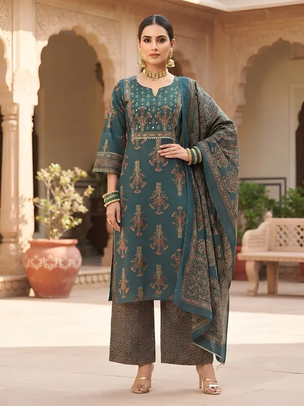 Teal_Floral_Printed_Cotton_Kurta_Set