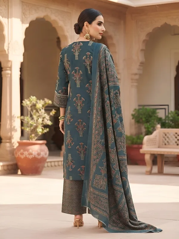 Teal_Floral_Printed_Cotton_Kurta_Set