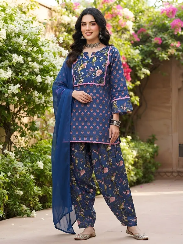 Blue_Floral_Printed_Cotton_Kurta_Set