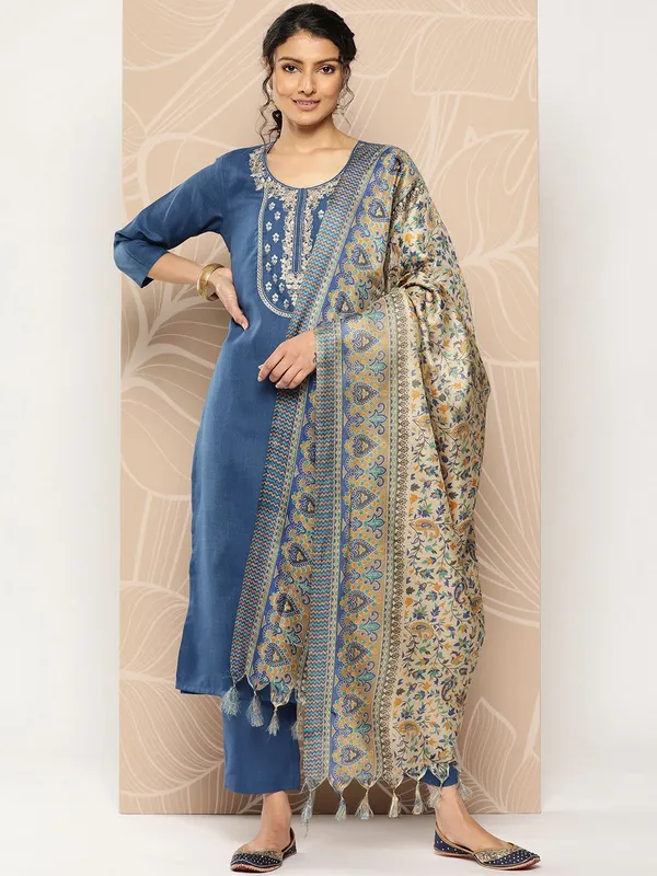 Blue_Floral_Embroidered_Cotton_Blend_Kurta_Trouser_Dupatta_Set