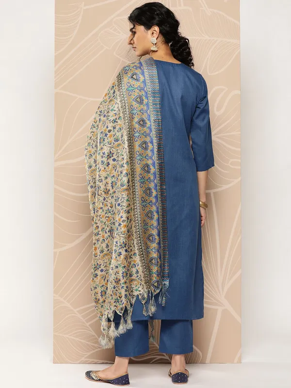Blue_Floral_Embroidered_Cotton_Blend_Kurta_Trouser_Dupatta_Set