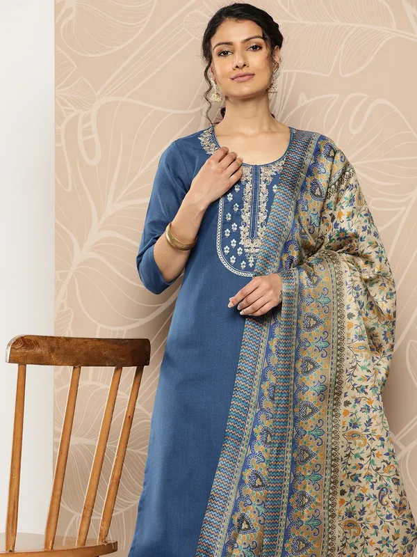 Blue_Floral_Embroidered_Cotton_Blend_Kurta_Trouser_Dupatta_Set