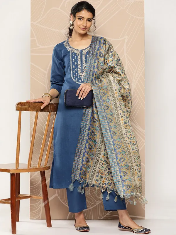 Blue_Floral_Embroidered_Cotton_Blend_Kurta_Trouser_Dupatta_Set