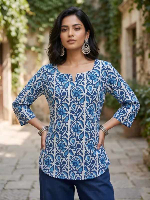 Blue__Pure_Cotton_Printed_Tunic_For_Women