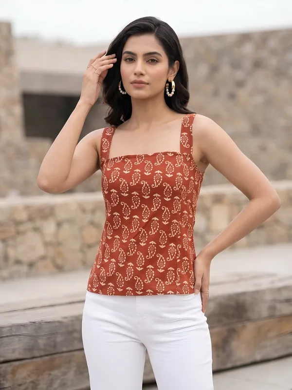 Orange_Pure_Cotton_Printed_Top_For_Women