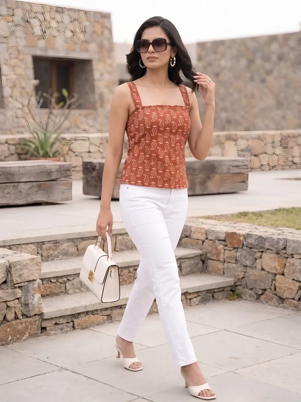 Orange_Pure_Cotton_Printed_Top_For_Women