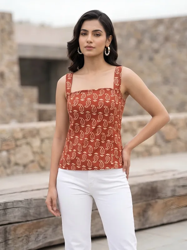 Orange_Pure_Cotton_Printed_Top_For_Women